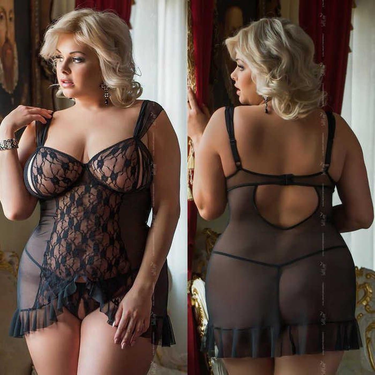 Softline - Bianca - Dames Lingerie Plus Size - Kanten Jurkje - Super Strakke Doorschijnende Chemise - Sexy Kanten Lingerie Set met Bloemen - Grote Maat - Uitdagende Bodystocking - Erotisch Setje - Zwart - XXL — afbeelding 1
