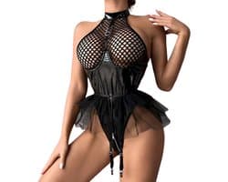 Erotische Rok Jumpsuit - Latex Wetlook - Transparante Borsten - Open Kruis - Dames