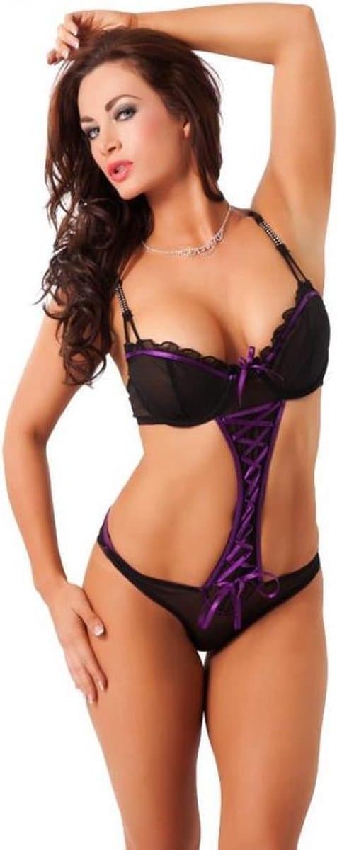 Amorable - Sexy Kanten Body Met Open Zijkanten- Zwart/Paars — afbeelding 1