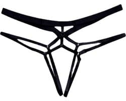 Sexy String Zonder Stof - Zwart - Transparant - Open Kruis - Bondage Riem - G-String Tuigje - Erotisch - Lingerie / Ondergoed - Maat L
