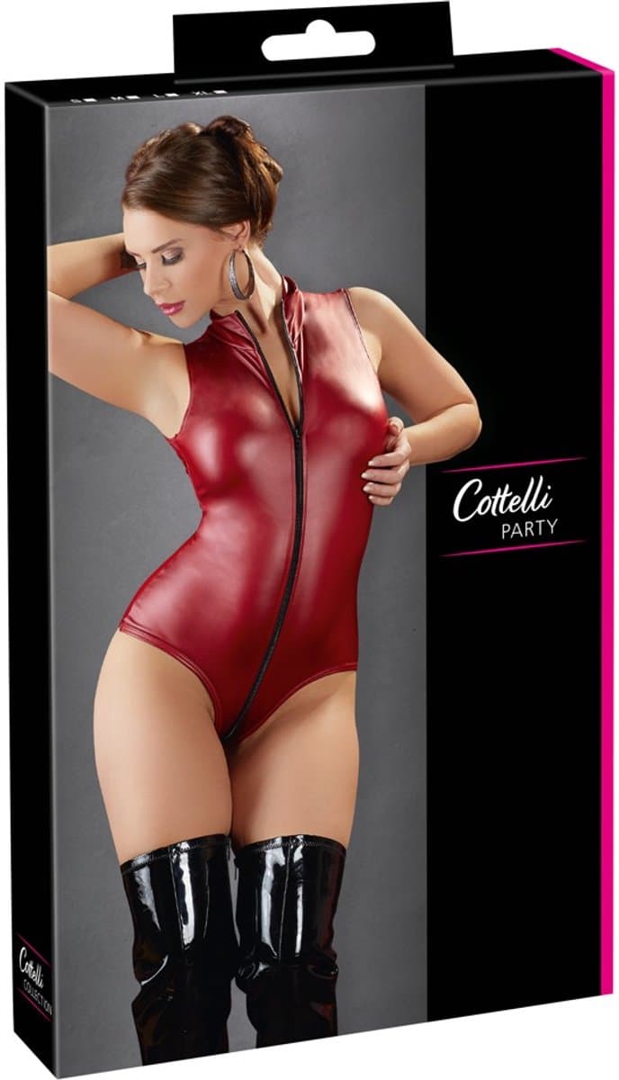 Cottelli Collection – Wetlook Body met Tweeweg Rits van Hals tot Kruis – Maat L – Rood — afbeelding 1