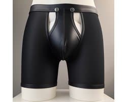 Heren Boxer met Lange Pijpen en Open Kruis - Mesh / PU Leder - Zwart - Maat M | LS067