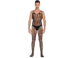 LekkerStout Heren Bodystocking - Zwart - Kant & Jarretel Look - Open Kruis - One Size M-XL | LS089