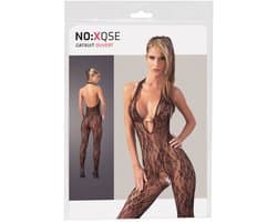 Mandy Mystery Lingerie – Catsuit Open Kruis met Kanten Motief en Lage Decolleté voor Spanning – Maat L/XL – Zwart