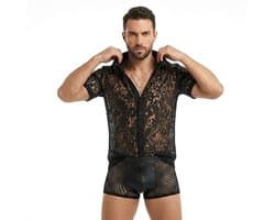 Erotische Herenblouse Zwart - Transparant Kanten Overhemd voor Heren - Sexy Clubwear voor Mannen - Maat L