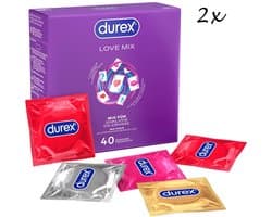 Durex Love Mix Condooms - 80 stuks (2x 40 stuks) - 16x Thin Feel Extra Lube (Elite) - 16x Intens Orgasme (ribbels, nopjes en gel) - 16x Thin Feel Ultra (extra dun) - 16x Aardbeismaak - 16x Pleasure Me (ribbels en nopjes) - Discreet Verpakt