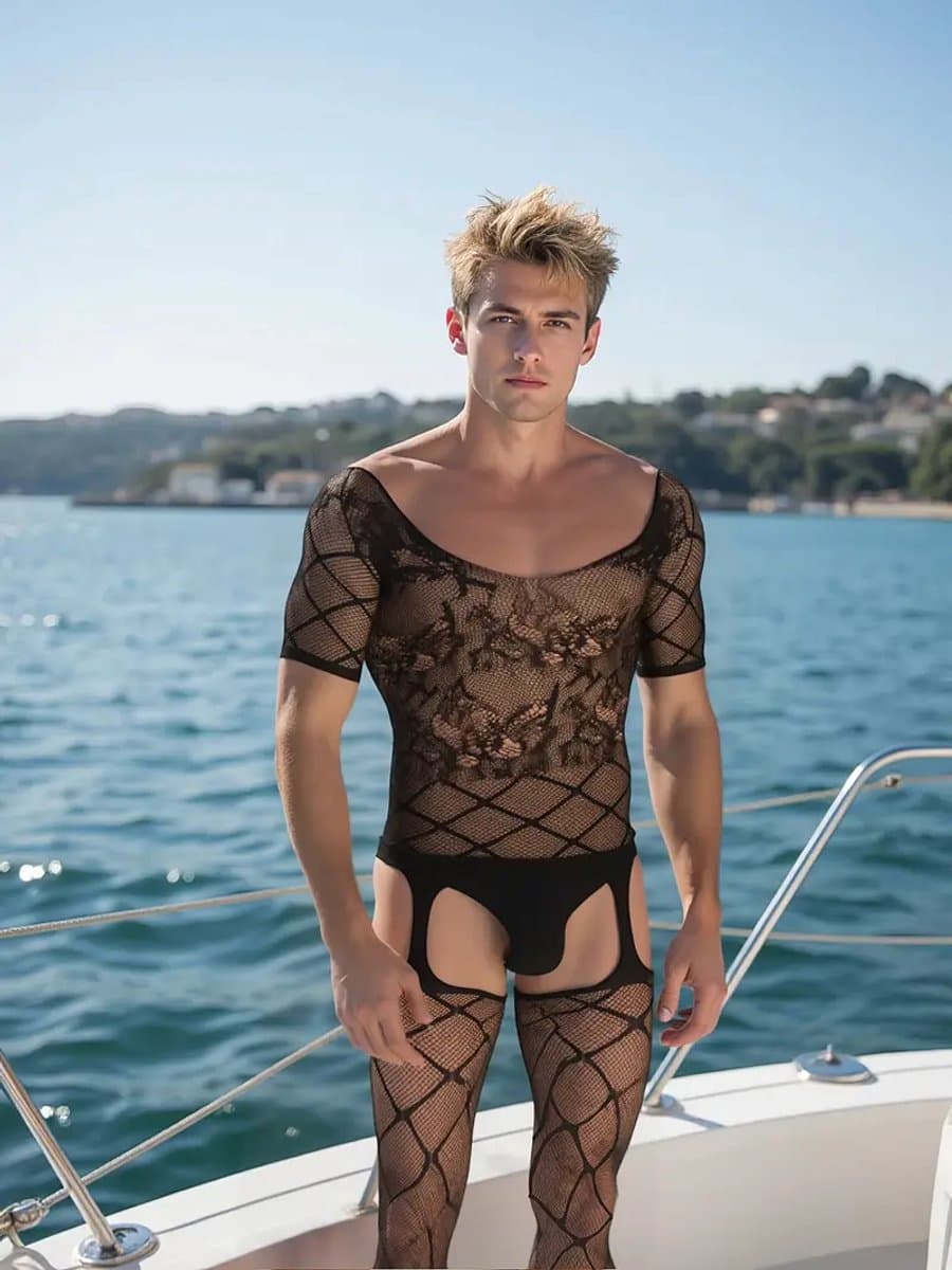 LekkerStout Heren Body met Netkousen - Zwart - Sexy Herenlingerie | S-L | ( LS166 ) — afbeelding 1