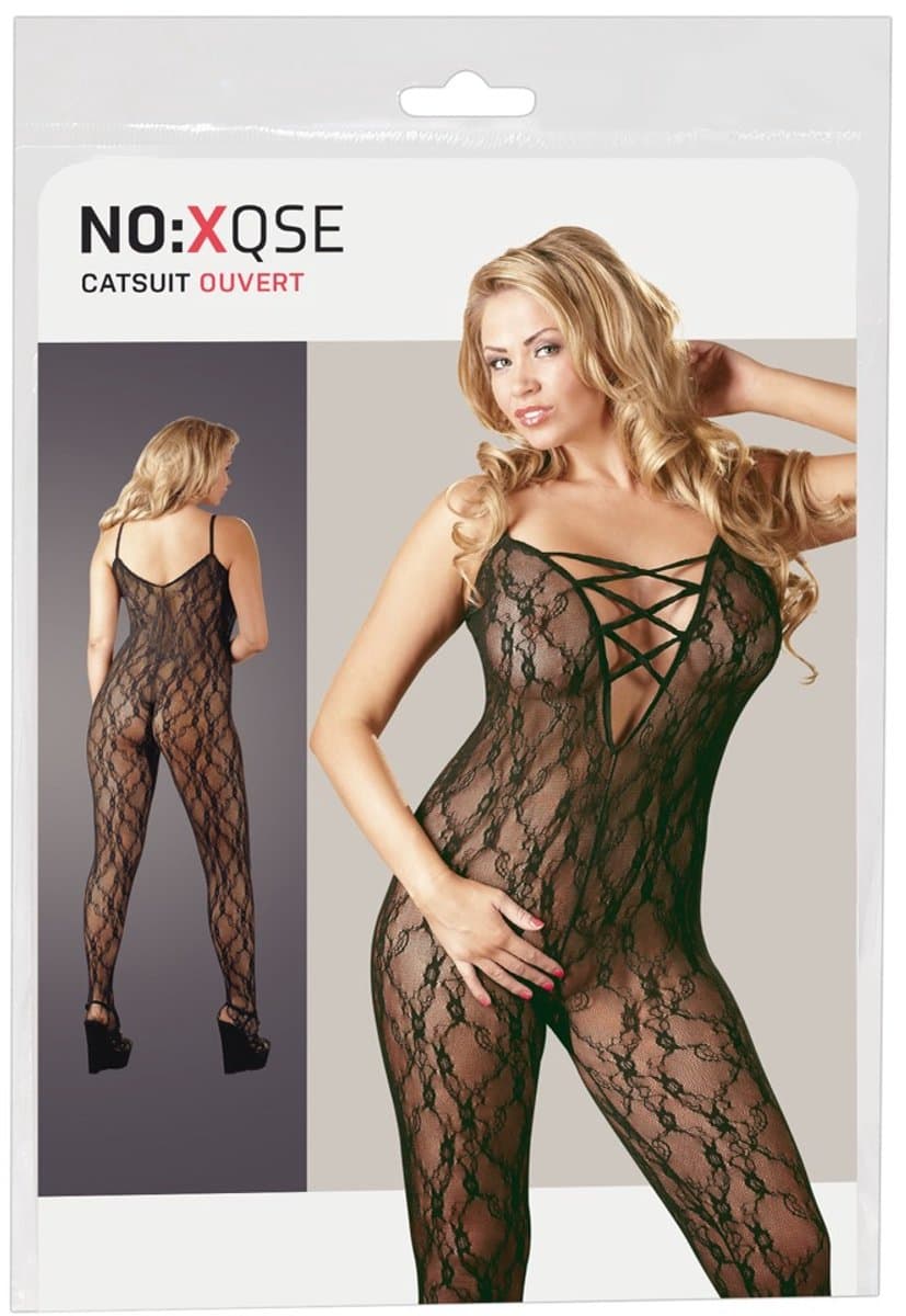 Mandy Mystery Lingerie – Sexy Catsuit Halter Model Klittenband met Vrije Borsten en Open Kruis – Maat XL / 2XL - Zwart — afbeelding 1
