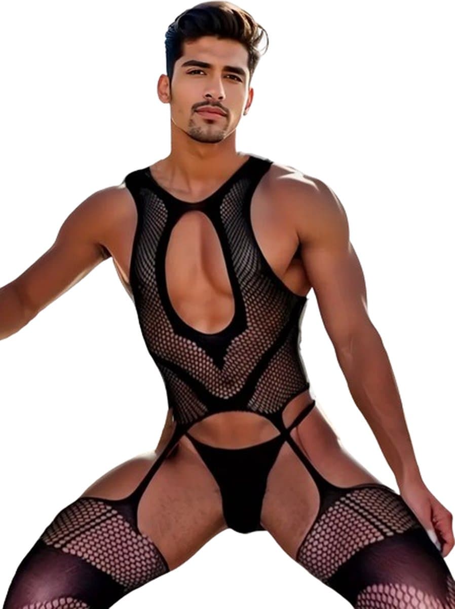 LekkerStout Jarretel Bodystocking - Zwart - Sexy Herenondergoed | S-L | ( LS074 ) — afbeelding 1