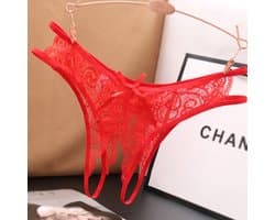 Sexy String met Open Kruis - Rood - Ontwerp met Kant - Erotisch Design met Strik - One Size String - Dames Onderbroek - Lingerie / Ondergoed
