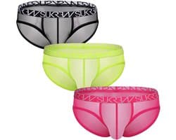 SUKREW Sheer Low-rise Brief Multipack 1x Underground Black + 1x Acid Yellow + 1x Elect Pink - MAAT XXL - Erotisch Heren Ondergoed - Slip voor Man - Sexy mannen Slip