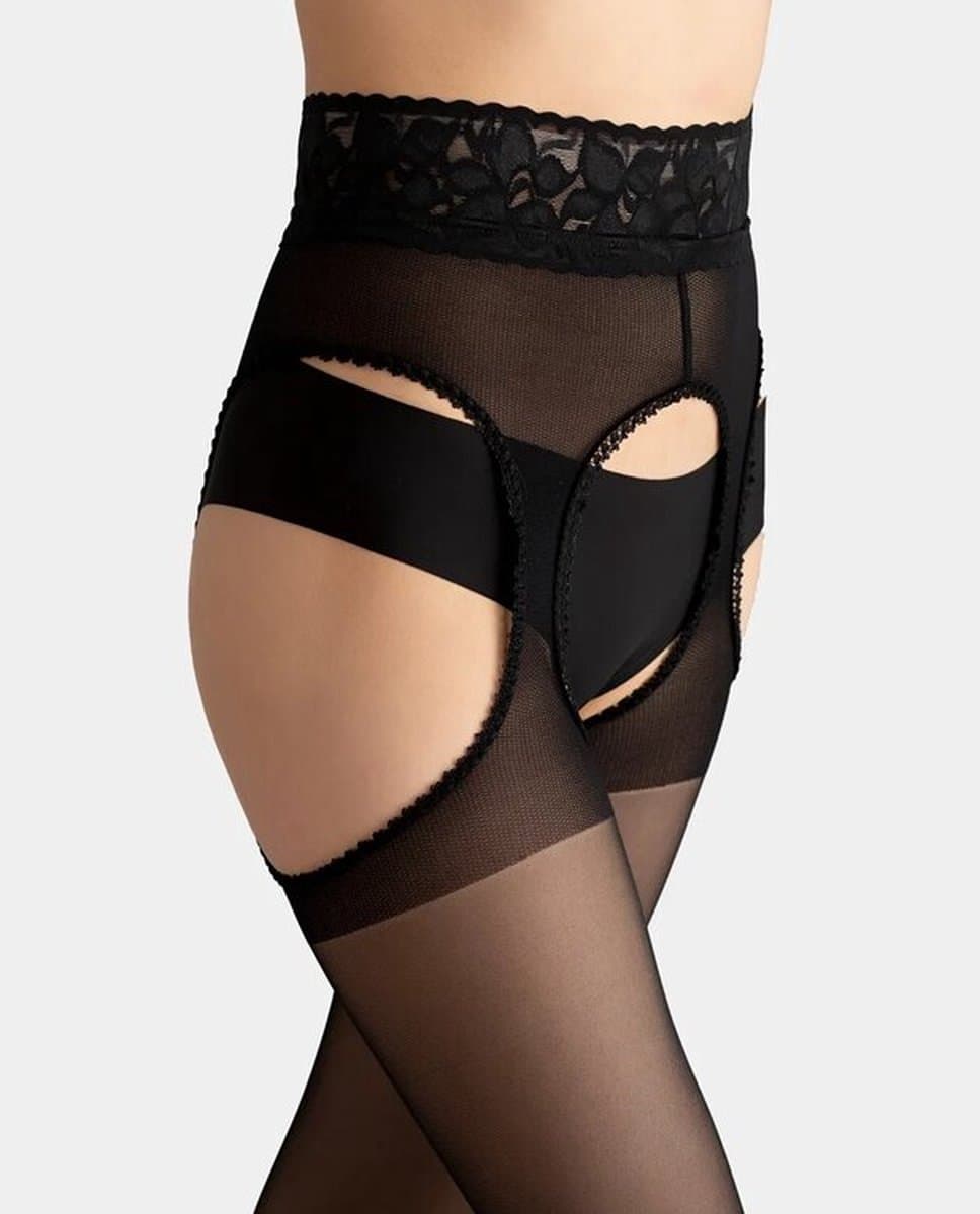GIULIA Panty - Impresso LOVE 20 - Open Kruis Panty - Strip Panty - Erotiek - Breed Kanten Boord - 20 Den - Medium - Zwart — afbeelding 1