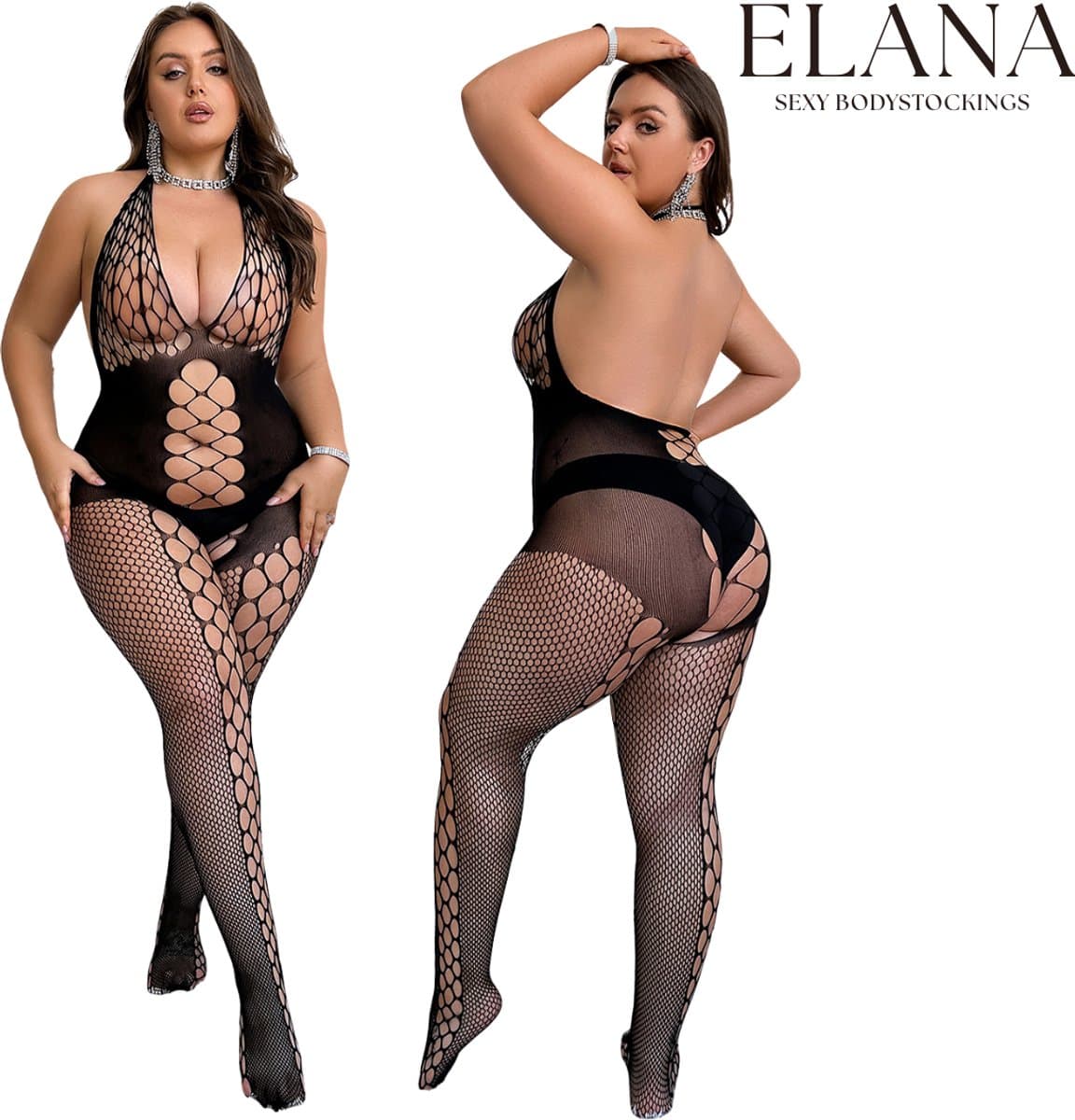 Elana - Selina Plus Size - Bodystocking - Visnet - Zeer Rekbaar - Erotische Lingerie met Open Kruis - Catsuit - L t/m XXL - Sexy Dames Lingerie - Bodysuit — afbeelding 1