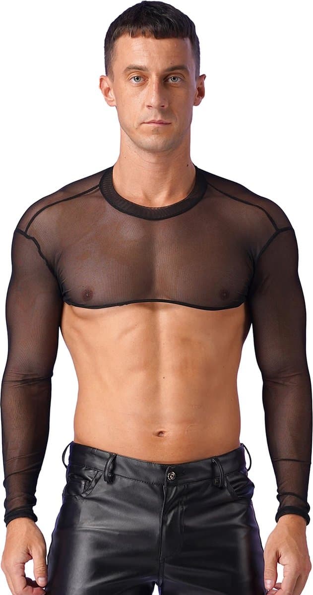 Erotische transparante mannen top - Crop - Sexy heren kleding - Rollenspel - BDSM - Festival - Zwart en Wit - Uitdagend — afbeelding 1