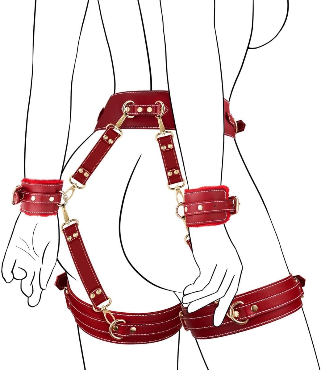 Oneay Sex Bondage BDSM-set met 6 onderdelen, inclusief verstelbare handboeien, enkelboeien, dijbeenboeien, blinddoek, kruisband en tailleband. Seksspeeltjes voor volwassenen, geschikt voor mannen, vrouwen en stellen. — afbeelding 1