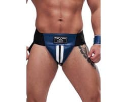 Mister B leren circuit jockstrap blauw met witte bies - xl