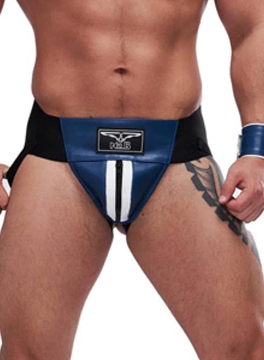 Mister B leren circuit jockstrap blauw met witte bies - xl — afbeelding 1