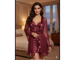 Korte Satijnen Nachtjurk met Tule Kimono – Luxe Dames Lingerie Set - Dark Red