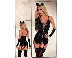 Sexy Lingerieset babydoll – Corset, Slip, Jarretelkousen, Armstukken & Haaraccessoire