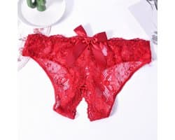 Sexy Slip met Kant - Open Kruis - Rood Kant - Erotisch Design met Bloemen en Strik - One Size String - Dames Onderbroek - Lingerie / Ondergoed