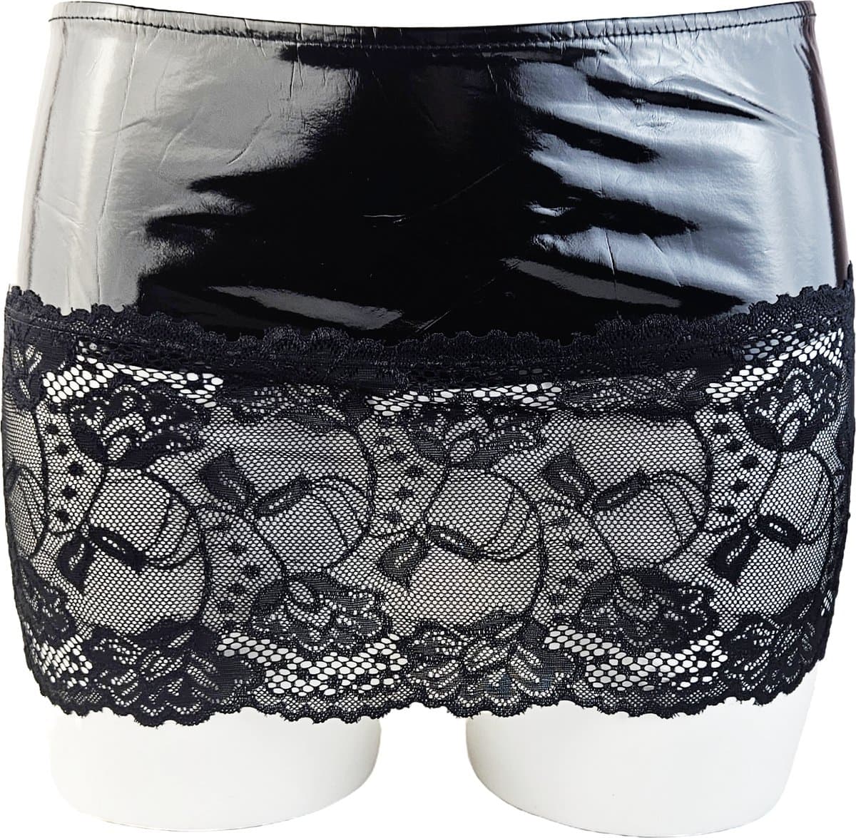 BamBella® - Datex mini Rok - Maat L/XL - zwart met kant Rollenspel sm dames sexy Glans kleding mix van Latex en stof — afbeelding 1