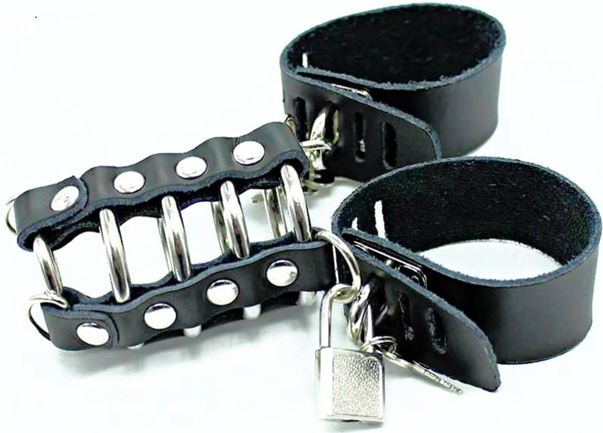 OHMAMA FETISH | Ohmama Fetish Leather Strap Metal Ring Cock Cage With Ball Divider — afbeelding 1