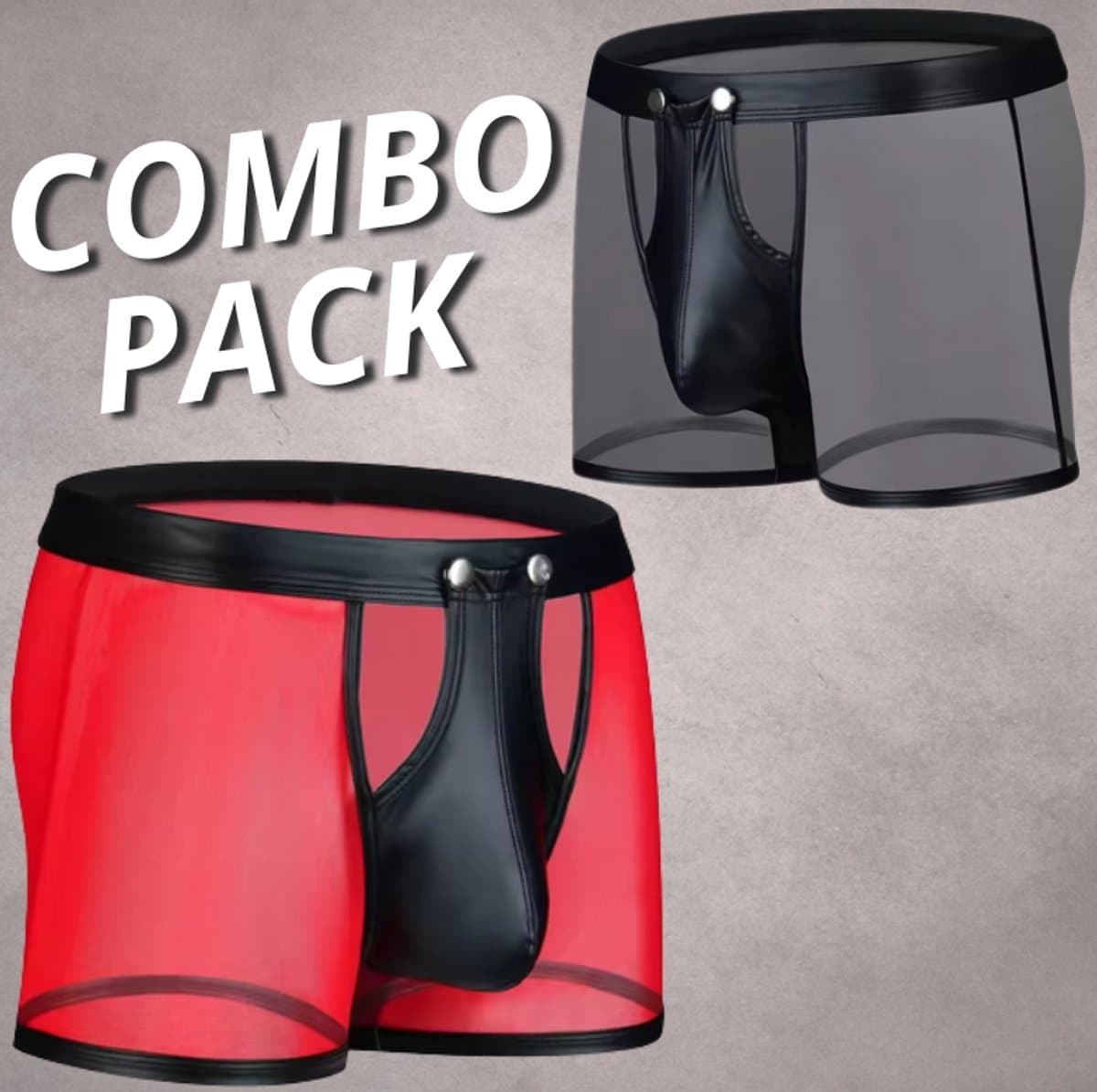 LekkerStout 2-Pack Heren Boxershorts met Open Kruis - Zwart/Rood - Laklook en Mesh - Maat L | LS266 — afbeelding 1