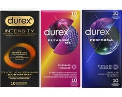 Durex - 30 stuks Condooms - Intensity 10st Nieuwste generatie ultradun, gedeelde lichaamswarmte - Pleasure Me met ribbels 10st - Performa vertragende effect 10st - Voordeelverpakking