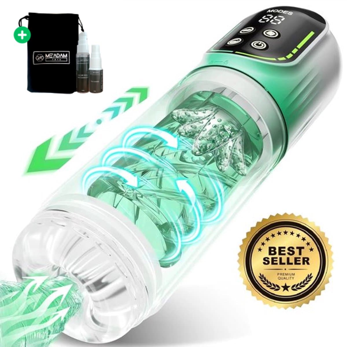 ME'ADAM - ManiPulse Automatische Masturbator met Roterende Functies en Zuig en Lik Modes - Fluisterstil - Oplaadbaar - Masturbator voor Man - Pocket Pussy - Blowjob - Sterke Motor - Waterproof - Groen - Sex toys Voor mannen — afbeelding 1