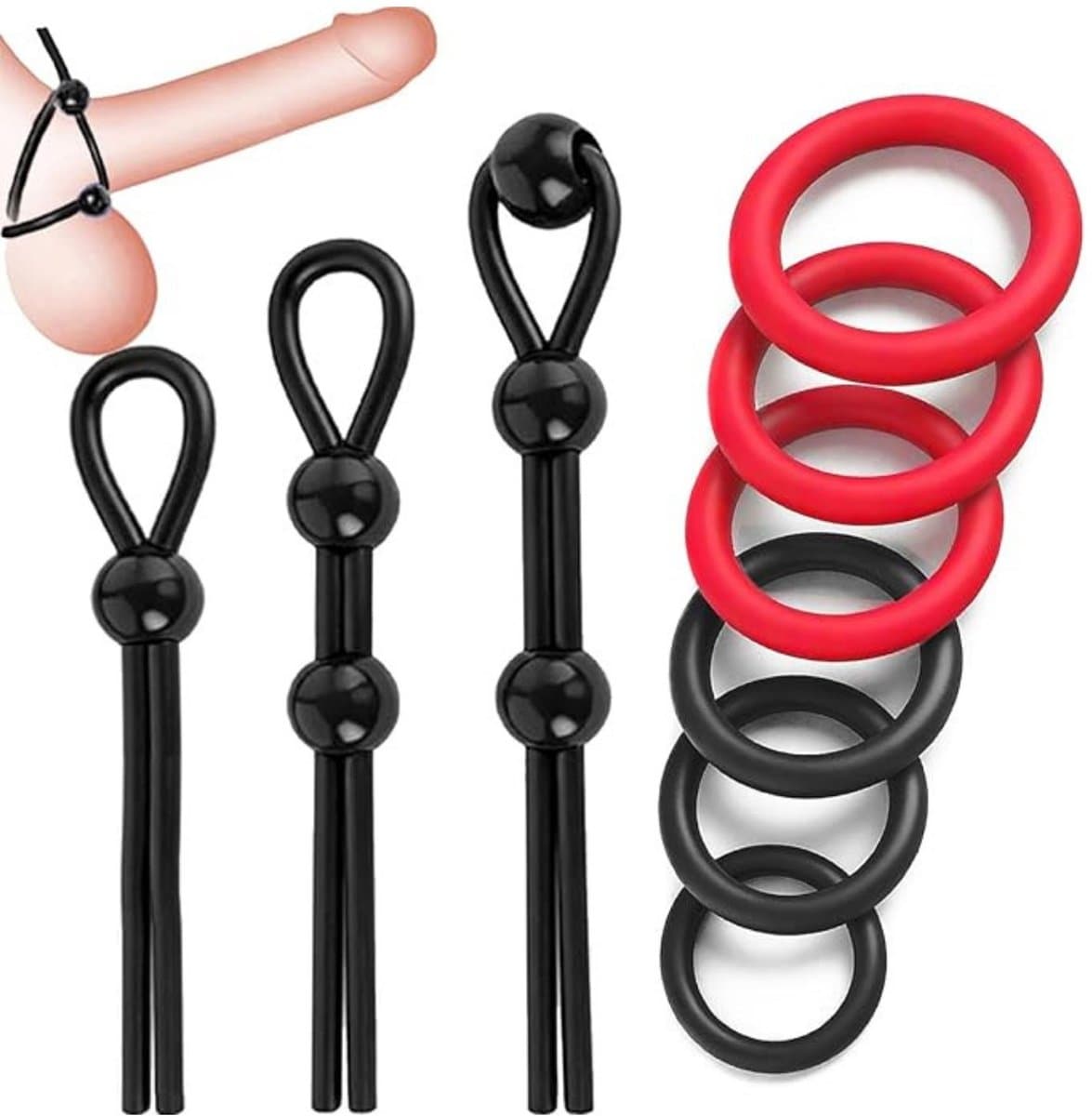 IVY LUX Cockring Set – 9-delige Penisring Set voor Mannen – 3 Verstelbare Cockringen + 6 Siliconen Ringen – Waterdicht & Wasbaar – Zwart en Rood — afbeelding 1