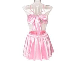Luxe 5-delige verleidelijke lingerie set - Mini rok - Slip - Strikjes topje - Open borsten - Jarretel bandjes - Erotisch - Sexy - BDSM