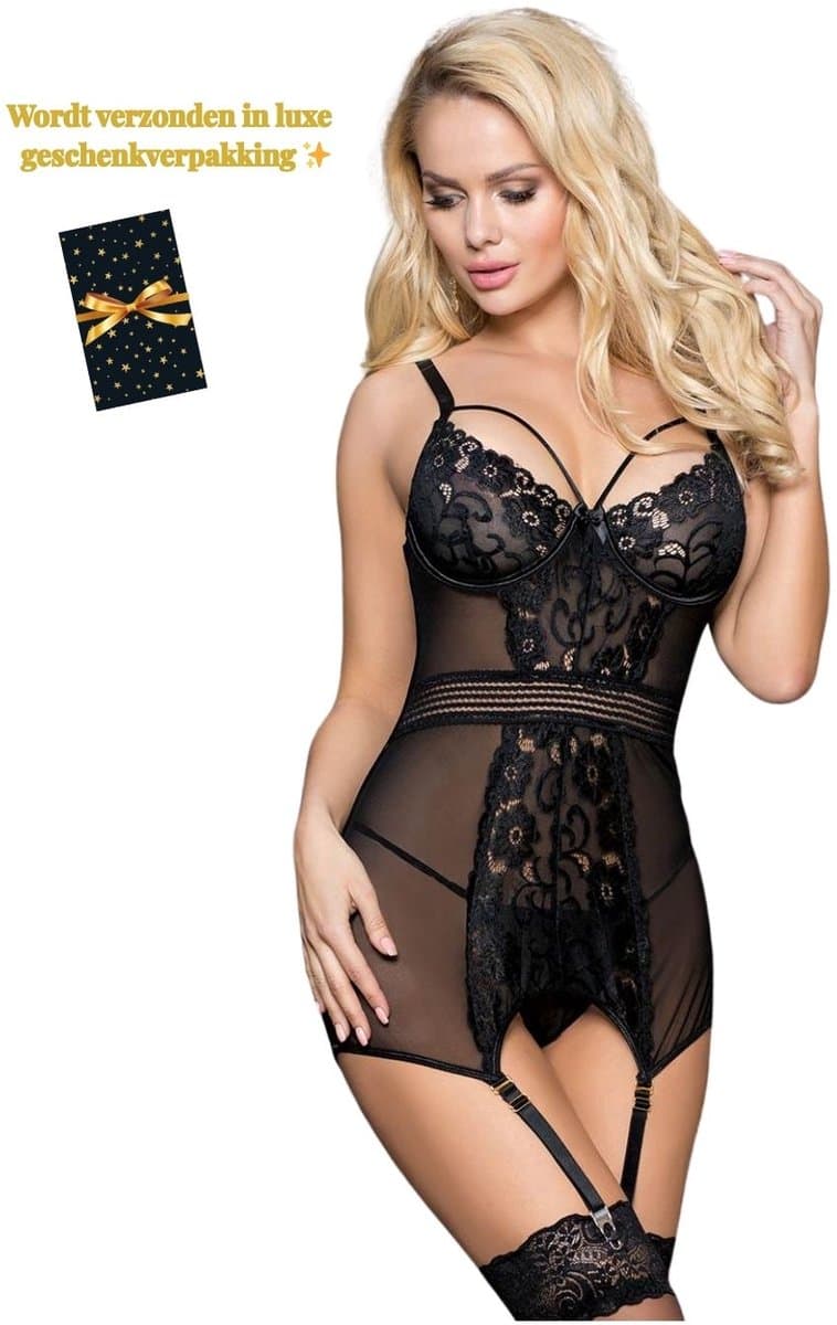 Sexy 2-Delige Lingerieset Dames – Bodysuit met Jarretels – Lingerie Erotisch Dames – Sexy Jurkje – Erotische Lingerie – Sexy Lingerie – Chique Jurk – High End Bodysuit – Luxe Nachtkleding – BDSM – Clubwear – Wasteland – Dare to Undress – Maat S — afbeelding 1