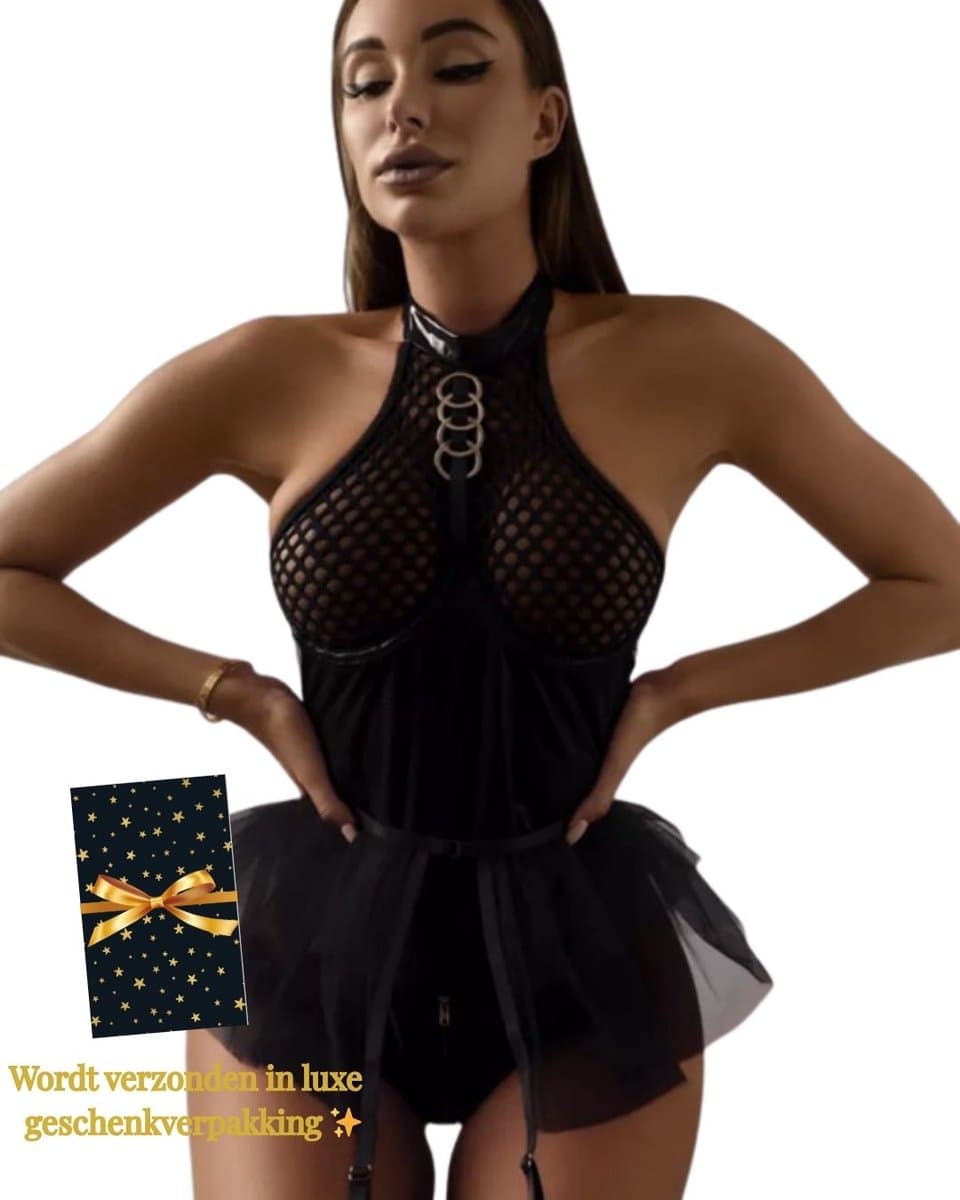 Sexy Lingerie Body – Erotisch jurkje – Rollenspel – Lak & Netstof – Latex & Datex – Kinky Mesh Bustier met Tule Rokje – Verleidelijk Fetish – Erotische Lingerie – BDSM – Lingerieset Dames – Sexy Lingerie – Festivallook – Bitch – Maat S, M, L, XL — afbeelding 1