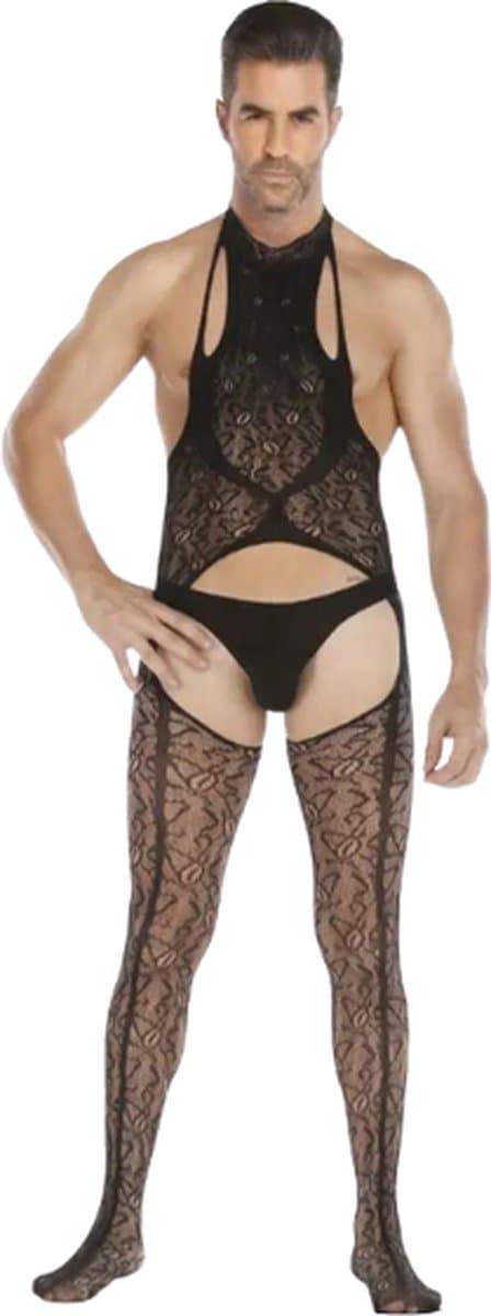 LekkerStout Heren Jarretel Bodysuit met Open Kruis - Zwart - Visnet Herenlingerie - One Size M-XL | LS161 — afbeelding 1