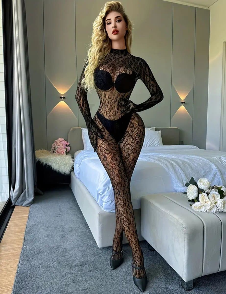 Panterprint Visnet Bodysuit – Sexy Catsuit met Lange Mouwen - Lingerie Vrouwen - One Size — afbeelding 1
