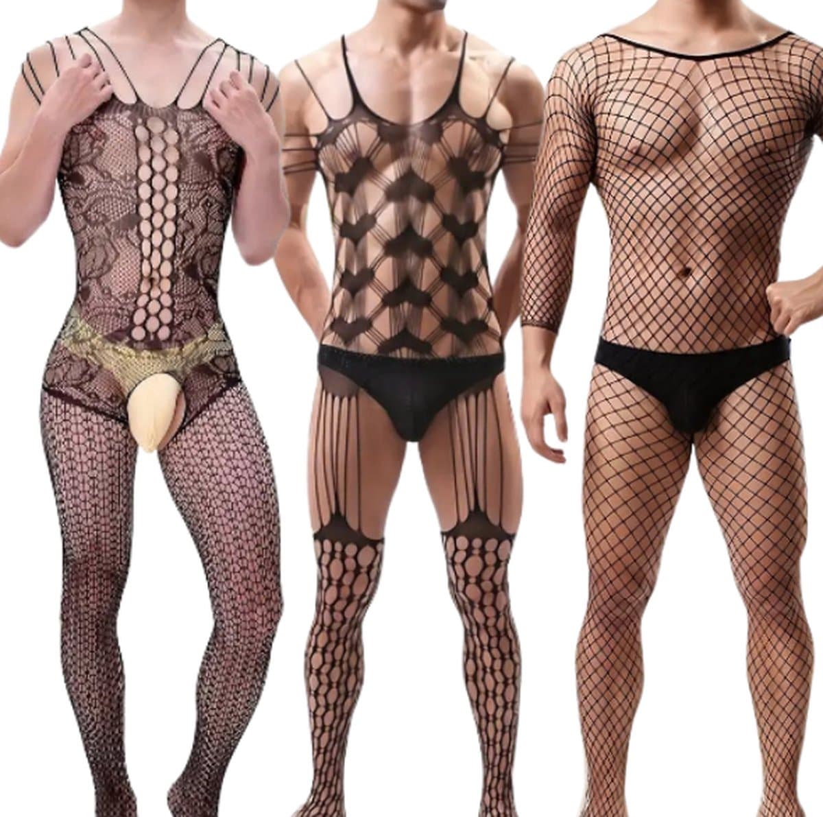 LekkerStout Visnet Bodystockings - 3-Pack - Open Kruis - Zwart - Sexy Herenlingerie | M-XL | ( LS102 ) — afbeelding 1
