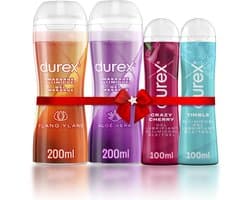 Durex - 4 Glijmiddelen - Waterbasis - 2 in 1 Aloë Vera 200ml - 2 in 1 Sensitive - Play Tingle Gel 100ml - Crazy Cherry (Kers) 100ml - Voordeelverpakking - Cadeau voor man en vrouw