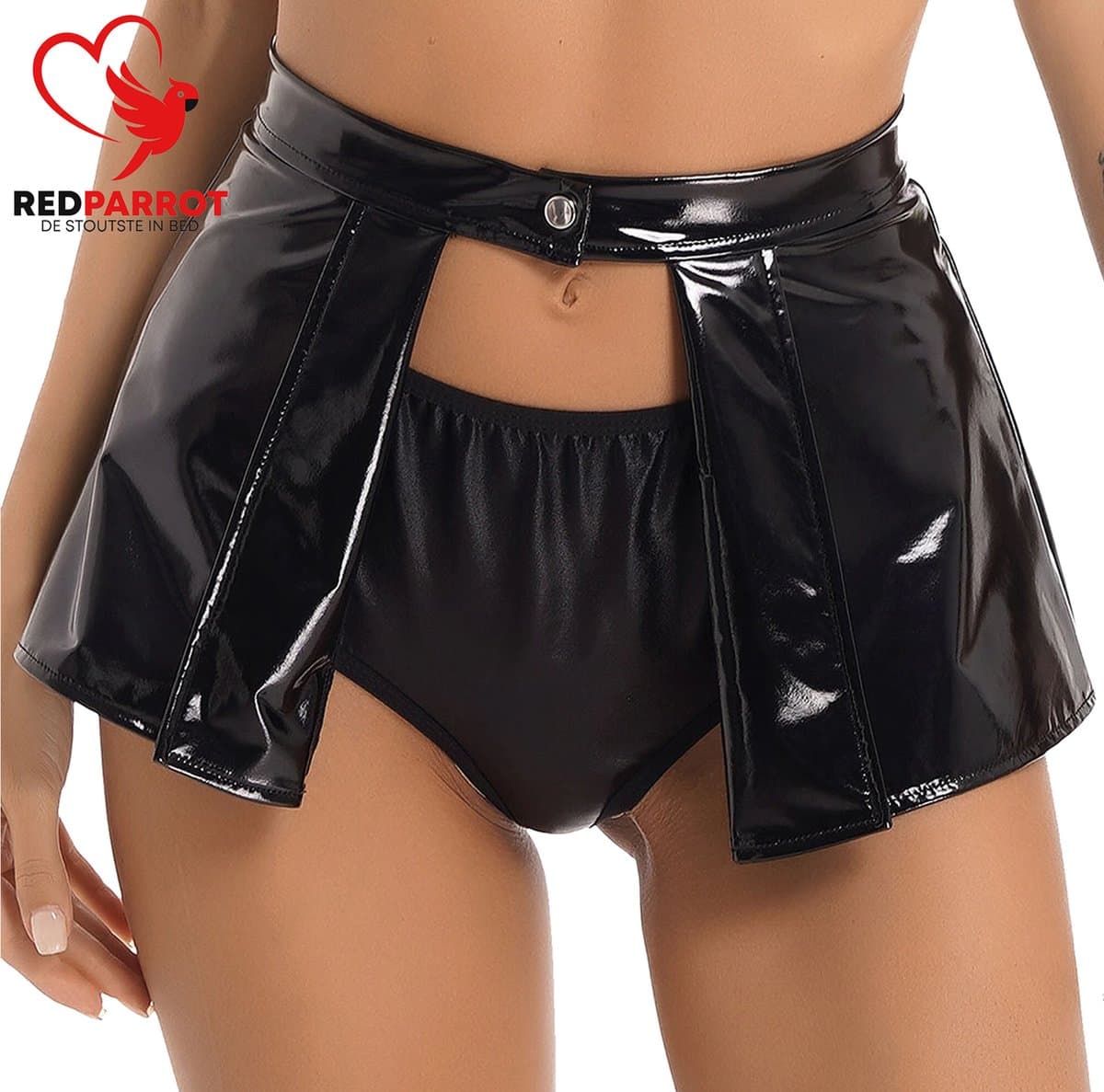 Hoge taille mini rok - Open kruis - Sexy en Erotisch - BDSM - Latex look - Zwart — afbeelding 1