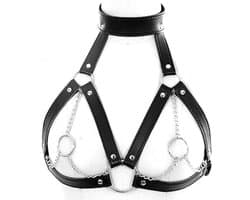 Daity – Women's Faux Leather Harness Punk Gothic Metal Chain Tassel Body Caged Lock Bra Strap – BDSM Extreme voor Mannen en Vrouwen – Bondage – Sex Toys Koppels – Zwart