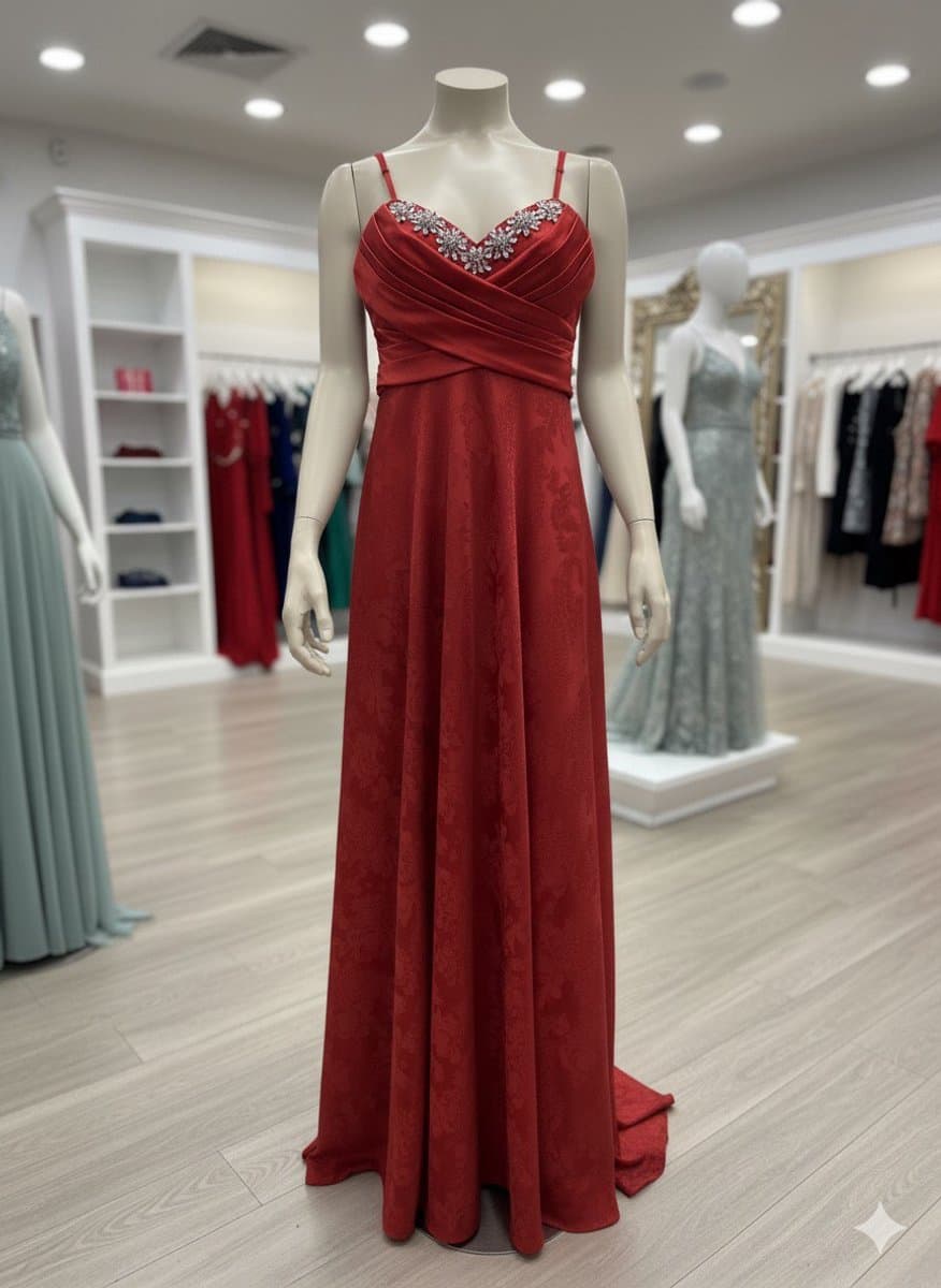 Lange Satijnen Avondjurk Dames – Elegante Gala Jurk met Kant & Verstelbare Bandjes – Luxe Feestjurk - Red — afbeelding 1