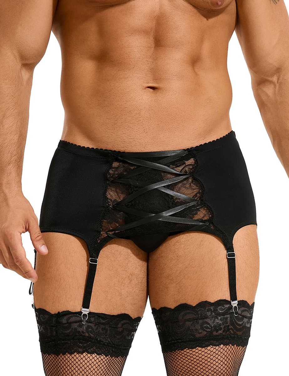 Zeloria Heren Jarretel Boxer Kant – Erotische Lingerie met Bandjes – Zwart – L – Exclusief Kousen — afbeelding 1