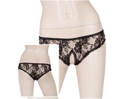 Cottelli Collection – Slipje met Open Kruis voor Spannende Dates met Bloemen Motief – Maat L - Zwart