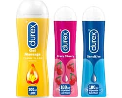 Durex - 3 Glijmiddelen Waterbasis - Play Massage 2/1 Sensitive 200ML - Play Sensitive Gel 100ML - Crazy Cherry 100ML