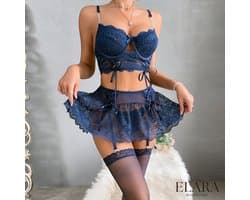 Elara - Alina - Luxe Lingerieset Dames - Lingerie Erotisch - Sexy Lingerie - 4-delige set - Blauw - Met Rokje 3837-L