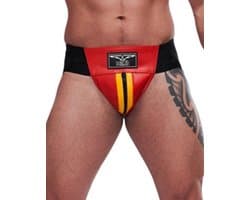Mister B leren circuit jockstrap rood met gele bies - xl