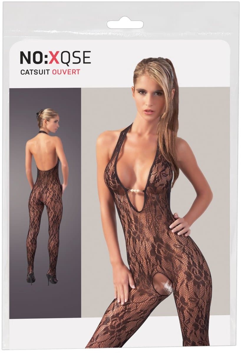 Mandy Mystery Lingerie – Catsuit Open Kruis met Kanten Motief en Lage Decolleté voor Spanning – Maat S/M – Zwart — afbeelding 1