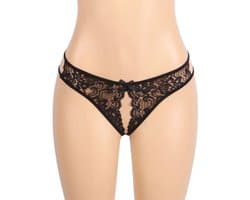 Zwarte Kanten String met Open Kruis – Black Lace Thong with Open Crotch - Sexy Erotische Dames Lingerie – Maat XL
