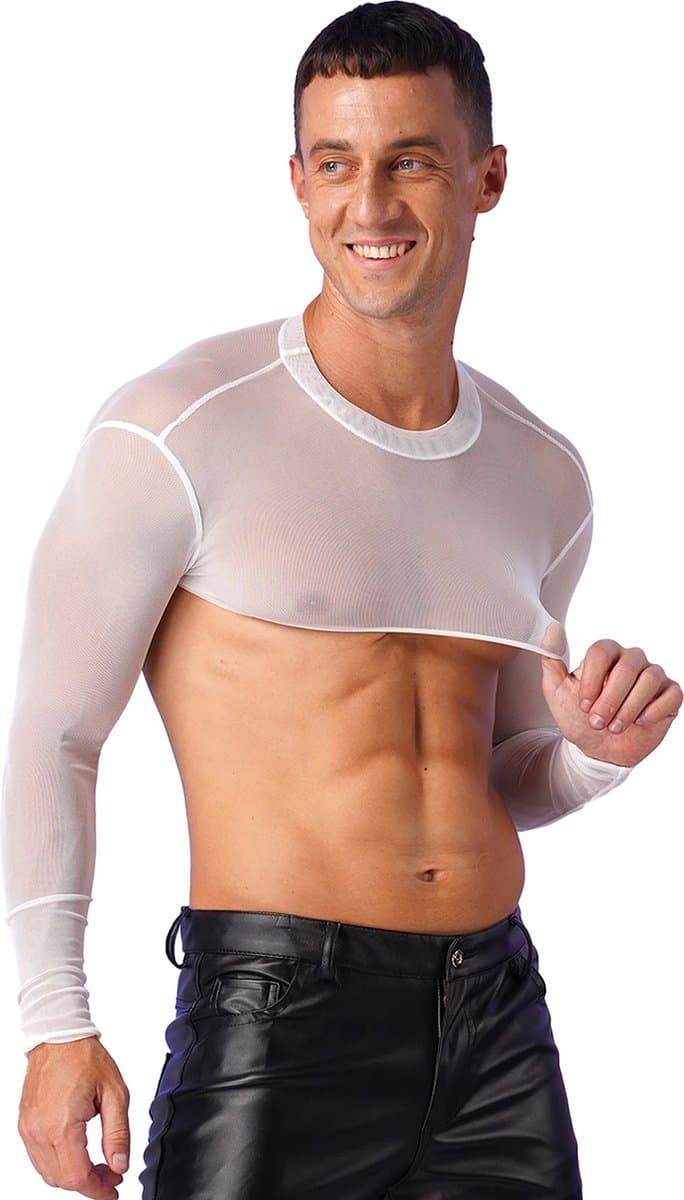Erotische transparante mannen top - Crop - Sexy heren kleding - Rollenspel - BDSM - Festival - Zwart en Wit - Uitdagend — afbeelding 1