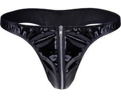 Heren Slip met Rits - Latex Look - String Zwart - Sexy Design - Mannen String - Ondergoed Maat XL