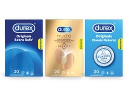 Durex - 60 stuks Condooms - Extra Safe 1x20 stuks - Nude No Latex 1x20 stuks - Classic Natural 1x20 stuks - Voordeelverpakking
